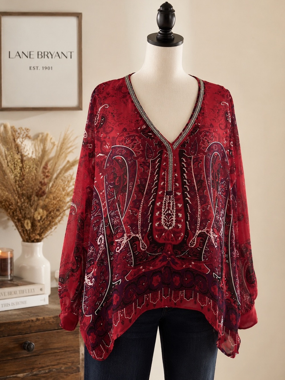 Lane Bryant | Red Paisley V-Neck Top
